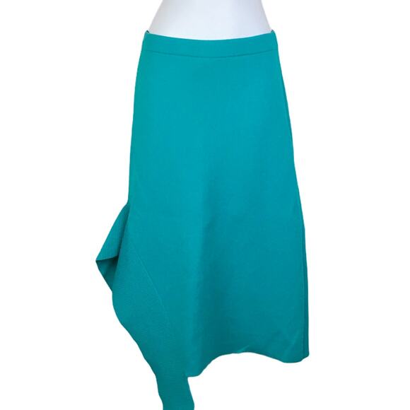 Tibi Skirt Asymmetrical Ribbed Midi Jacquard Neoprene Teal Thick Knit Women's XS - Picture 1 of 15
